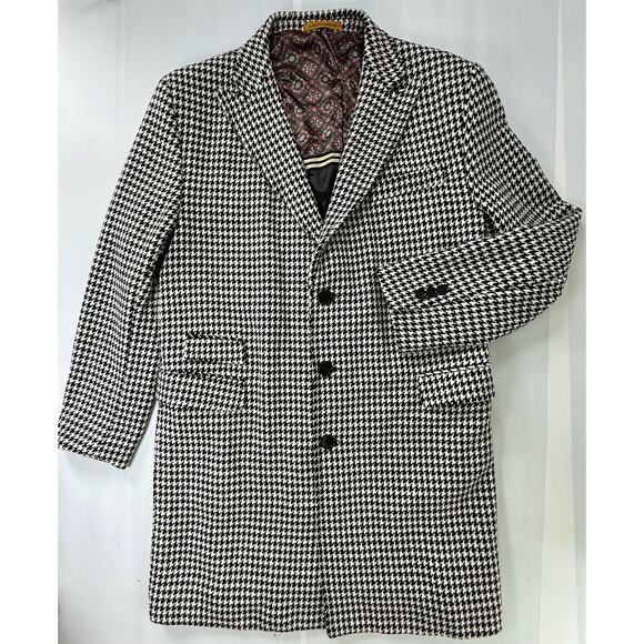 ALBERTO NARDONI Wool Classic Black White Herringbone Long Overcoat Sz XL-XXL - Picture 2 of 10